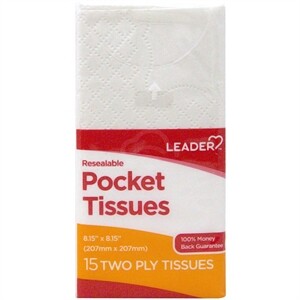 Leader Resealable Pocket Tissues, 15 Two Ply Tissues